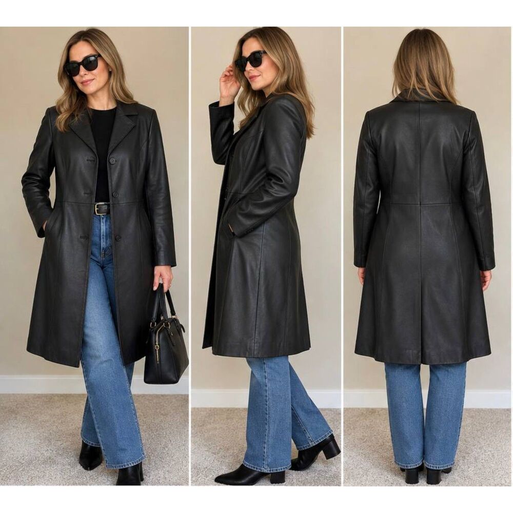 Preston & York Women’s Size 11 Black Leather Long Coat Tailored Jacket